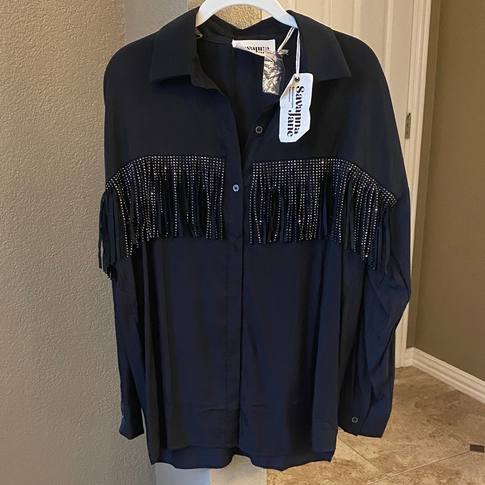 Western Fringe Black Blouse with Studded Details Small